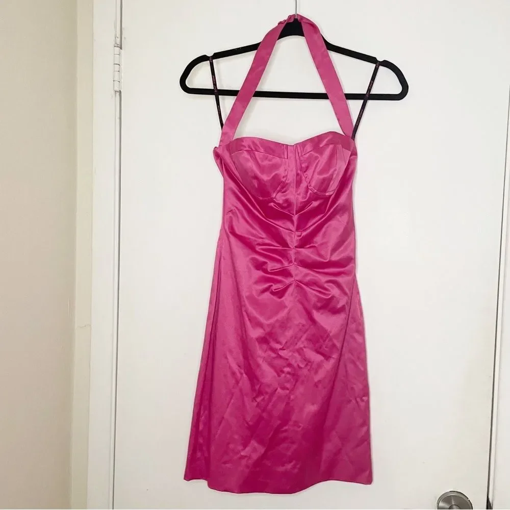 Y2K Vtg Betsey Johnson hot pink satin halter top mini dress 2 women’s - Picture 2 of 13